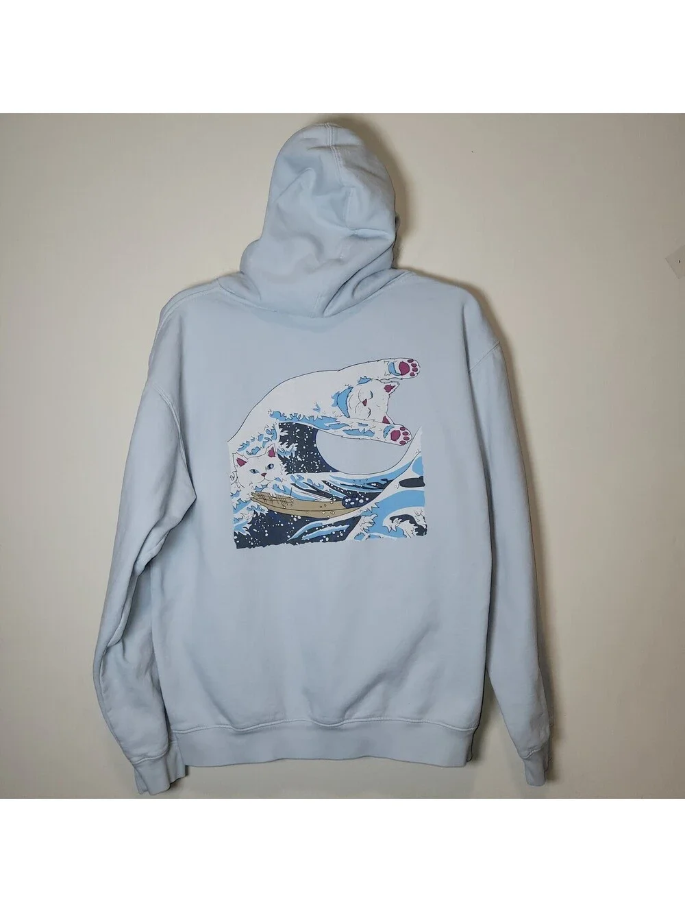 RIPNDIP Lord Nermal Thy Great Wave Hoodie Men's Large Blue Cat Surf